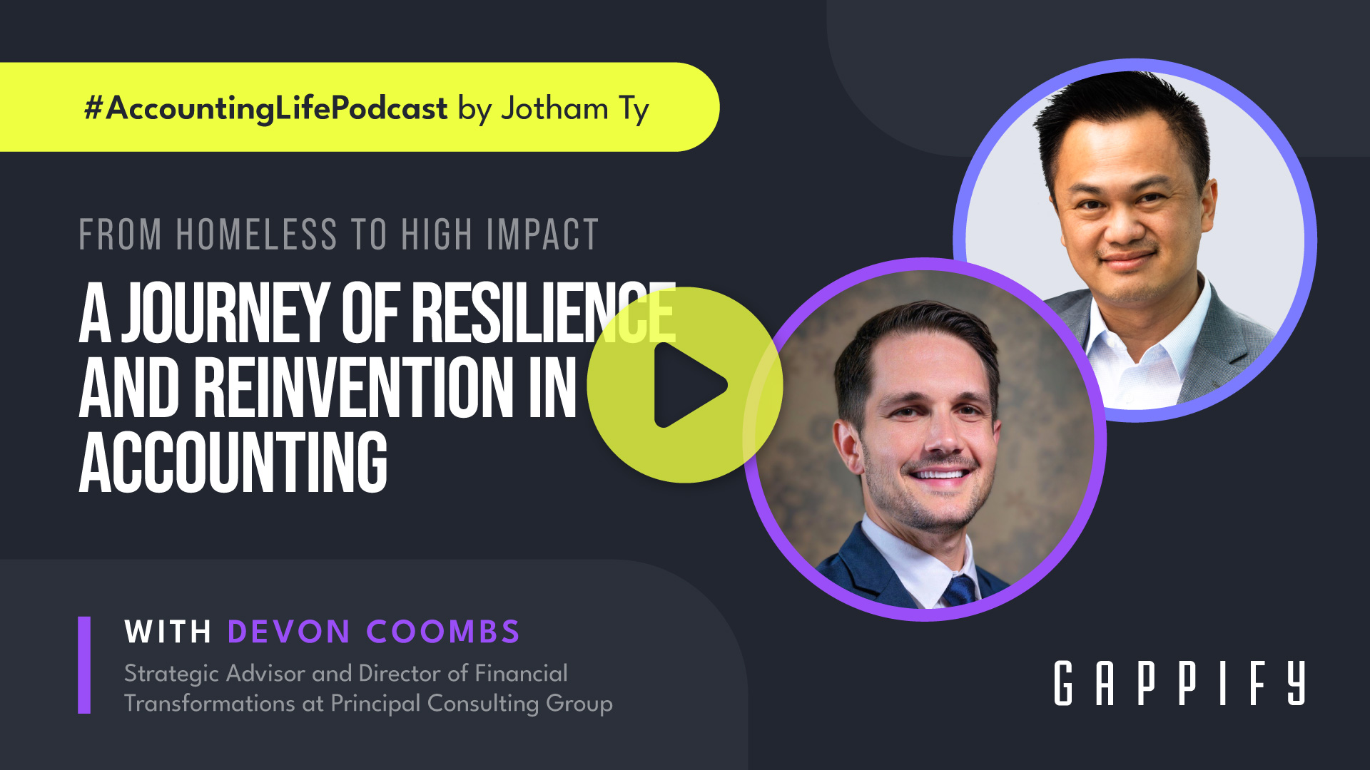 In this episode of #AccountingLifePodcast, host Jotham Ty is joined by guest Devon Coombs, Strategic Advisor and Director of Financial Transformations at Principal Consulting Group. From experiencing homelessness in his twenties to leading billion-dollar finance transformations, Devon shares a raw and inspiring story